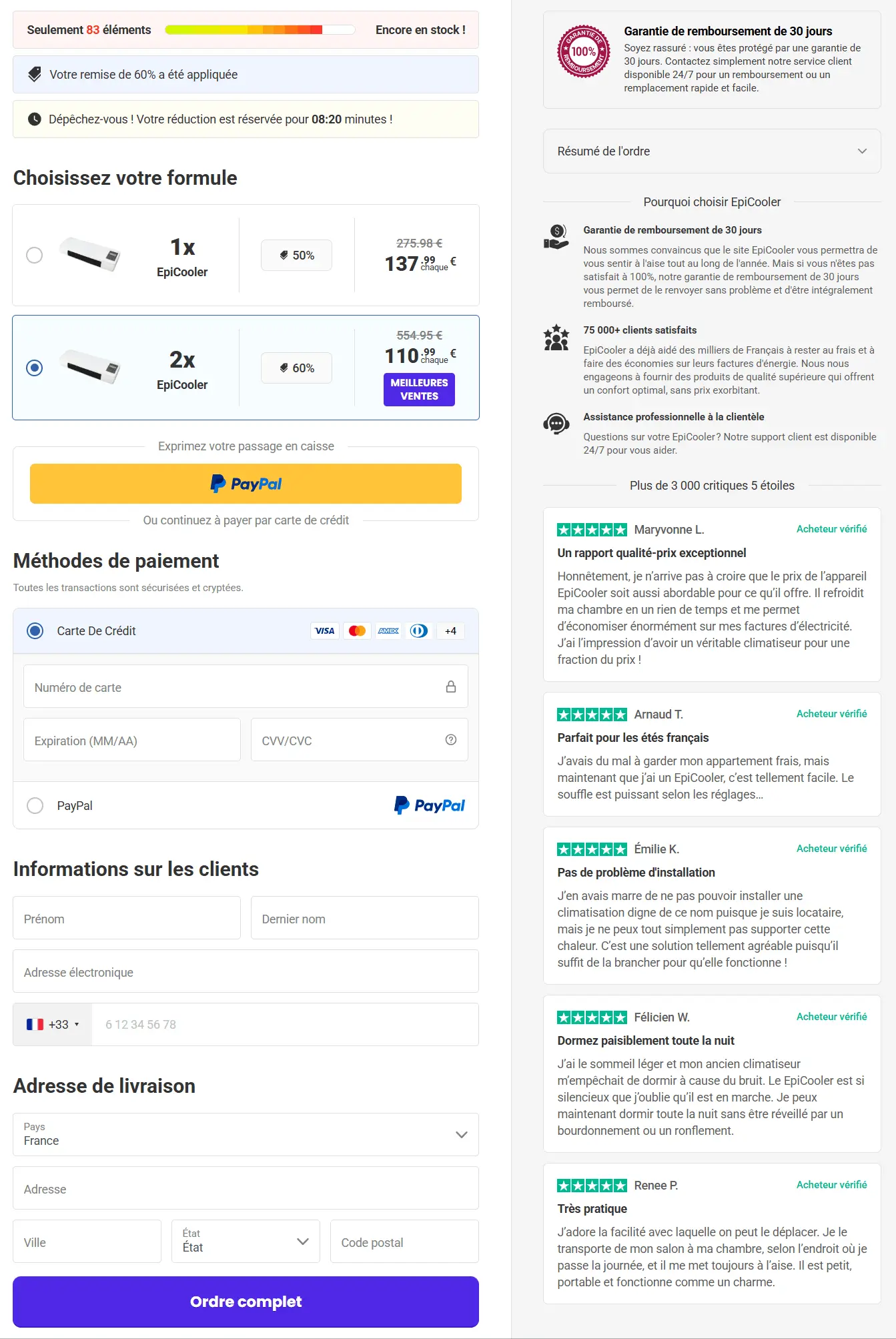page de paiement sécurisée pour climatiseur portable Epicooler